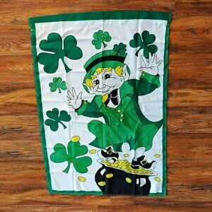 Vintage St. Patrick's Day Garden Flag, Leprechaun With Shamrocks & Pot of Gold